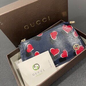 Gucci Navy Card Holder with Red Heart Print